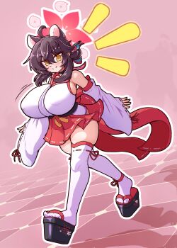 1girl absurdres animal_ears black_hair black_sandals blue_archive blush breasts choker closed_mouth clothing_cutout detached_sleeves dutch_angle full_body halo highres hip_vent huge_breasts japanese_clothes kaede_(blue_archive) legs looking_at_viewer masked_agent medium_hair miko okobo outline platform_clogs platform_sandals pleated_skirt red_skirt sandals skindentation skirt sleeves_past_wrists smile solo thick_thighs thighhighs thighs tile_floor tiles walking white_outline white_thighhighs yellow_eyes