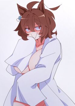 1girl :> agnes_tachyon_(umamusume) ahoge animal_ears blush breasts brown_hair closed_mouth coat groin hair_between_eyes hand_up highres horse_ears kaijin_debeso lab_coat long_sleeves looking_at_viewer medium_hair naked_coat naked_lab_coat open_clothes open_coat partially_shaded_face red_eyes simple_background sleeves_past_fingers sleeves_past_wrists smile solo umamusume upper_body white_background