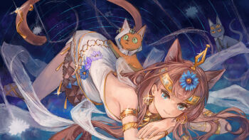 Rule 34 | 1girl, absurdres, animal ears, animalization, arknights, armlet, blue eyes, breasts, brown hair, cat, cat ears, cat girl, cat tail, chinese commentary, closed mouth, commentary, dress, earrings, extra ears, fang, fang out, flower, hair flower, hair ornament, highres, jewelry, karenncat, long hair, looking at viewer, titi (arknights), papyrus (arknights), pepe (arknights), pepe (nuit of the nightsky) (arknights), skin fang, small breasts, solo, tail, top-down bottom-up, white dress