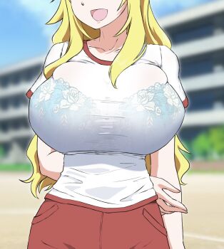 1girl alternate_breast_size_(larger) arm_behind_back blonde_hair blurry blurry_background bra_visible_through_clothes breasts bursting_breasts commentary_request day eyes_out_of_frame head_out_of_frame highres hoshii_miki huge_breasts idolmaster idolmaster_(classic) long_hair open_mouth outdoors red_shorts see-through_clothes shirt short_sleeves shorts skindentation smile solo standing the_end_of_chun undersized_breast_cup undersized_clothes white_shirt
