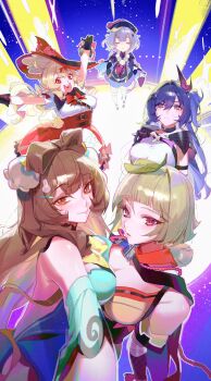 5girls aged_up blonde_hair blunt_bangs bow braid breasts choker cleavage commentary english_commentary fishnets genshin_impact gloves hair_ornament hat heart heart_in_mouth highres japanese_clothes klee_(blossoming_starlight)_(genshin_impact) klee_(genshin_impact) leaf leaf_on_head long_hair long_sleeves medium_breasts multiple_girls ofuda open_mouth pointy_ears prune_(genshin_impact) purple_eyes purple_hair qingdai_guanmao qiqi_(genshin_impact) sayu_(genshin_impact) short_hair side_ponytail smile teeth upper_teeth_only viviwi witch_hat yaoyao_(genshin_impact)