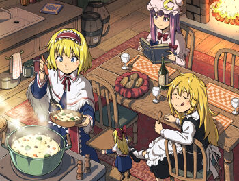 3girls :q alice_margatroid apron back_bow barrel black_shoes black_skirt black_vest blonde_hair blue_bow blue_dress blue_eyes book bottle bow bowtie braid bread capelet chair closed_eyes closed_mouth commentary_request cooking_pot crescent crescent_hat_ornament cup dress drinking_glass fireplace food frilled_hairband frills fringe-trimmed_capelet fringe_trim hair_bow hairband hat hat_ornament holding holding_book holding_ladle holding_spoon indoors inuno_rakugaki jar kirisame_marisa ladle lolita_hairband long_sleeves mary_janes multiple_girls no_headwear on_chair open_book patchouli_knowledge pink_dress pink_hat purple_eyes purple_hair red_bow red_bowtie red_carpet red_hairband shanghai_doll shoes side_braid single_braid sitting skirt smile socks spoon steam stew table tongue tongue_out touhou vest waist_apron white_apron white_bow white_capelet white_socks