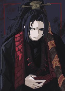 1boy absurdres black_background black_hair border chinese_clothes closed_mouth commentary_request hair_intakes high_ponytail highres inset_border jia_qiu_(project_moon) limbus_company long_hair looking_to_the_side male_focus megane_mochi outside_border ponytail project_moon red_border solo