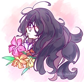 Rule 34 | 1girl, antenna hair, artist name, blush, closed mouth, commentary, cosmiccolours, danganronpa (series), danganronpa another episode: ultra despair girls, english commentary, eyelashes, flower, from side, fukawa toko, glasses, highres, long hair, mole, mole under mouth, orange flower, outline, pink flower, profile, purple eyes, purple hair, solo, white flower, white outline, yellow flower