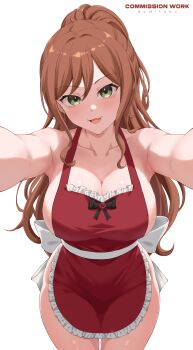 Rule 34 | 1girl, :3, absurdres, apron, armpits, bang dream!, bang dream! girls band party!, breasts, brown hair, cleavage, collarbone, commentary, commission, english commentary, green eyes, half updo, highres, imai lisa, large breasts, long hair, miyamu, naked apron, open mouth, ponytail, red apron, smile, solo, vgen commission, wavy hair, wide hips
