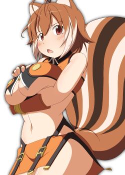 animal_ears bare_shoulders blazblue blush breasts brown_hair crop_top fingerless_gloves gloves large_breasts makoto_nanaya microskirt midriff mirano short_hair skirt sleeveless squirrel_ears squirrel_girl squirrel_tail tail teeth underboob upper_teeth_only white_background