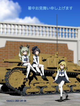 3d 3d_background 3girls ;) anchovy_(girls_und_panzer) anzio_school_uniform artist_name belt beret black_belt black_footwear black_headwear black_neckwear black_ribbon black_skirt blonde_hair blue_sky brown_eyes carpaccio_(girls_und_panzer) closed_eyes closed_mouth cloud cloudy_sky commentary curtsey dated day dress_shirt drill_hair girls_und_panzer green_hair hair_ribbon hat highres loafers long_hair long_sleeves looking_at_viewer looking_to_the_side military military_vehicle miniskirt mixed_media motor_vehicle multiple_girls naotosi necktie on_tank one_eye_closed outdoors pantyhose pepperoni_(girls_und_panzer) pleated_skirt ribbon school_uniform semovente_75/18 shadow shirt shochuumimai shoes sitting skirt skirt_hold sky smile standing tank tilted_headwear translated twin_drills twintails v_arms white_legwear white_shirt wing_collar