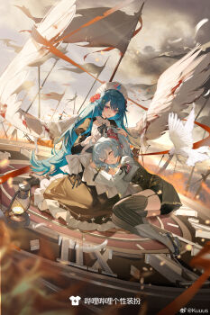 2girls angel_wings ankle_socks bili_girl_22 bili_girl_33 bilibili bird black_bow black_bowtie black_footwear black_skirt black_thighhighs black_vest blood bloody_wings blue_hair blue_sky boots bow bowtie chinese_commentary chinese_text clock closed_eyes cloud cloudy_sky collar commentary_request cross cross_print day detached_collar dove embers fire flag flower frilled_collar frilled_skirt frills full_body grey_socks hair_between_eyes hair_flower hair_ornament hairclip hands_on_another&#039;s_head hat high_heel_boots high_heels highres injury kneeling kuuus lace lace-trimmed_skirt lace_trim lap_pillow layered_legwear light_blush lightning_bolt_print long_hair long_skirt looking_at_another miniskirt multiple_girls nurse_cap outdoors parted_lips pink_eyes pumps red_ribbon red_wings ribbed_legwear ribbon shirt showgirl_skirt skirt sky sleeping socks spread_wings striped_bow striped_bowtie striped_clothes striped_thighhighs sunlight thighhighs torn_ribbon translation_request twintails vertical-striped_clothes vertical-striped_thighhighs very_long_hair vest waist_bow watermark weibo_watermark white_bow white_collar white_hat white_shirt wings x_hair_ornament