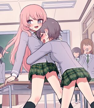 Rule 34 | 5girls, absurdres, bang dream!, bang dream! it's mygo!!!!!, black socks, blush, brown hair, chihaya anon, classroom, closed eyes, commentary, desk, fang, green skirt, grey eyes, grey hair, grey jacket, haneoka school uniform, highres, hug, indoors, jacket, jin (jinkwon1147), kneehighs, long hair, long sleeves, multiple girls, open mouth, pink hair, plaid clothes, plaid skirt, pleated skirt, school desk, school uniform, short hair, skirt, socks, sweatdrop, takamatsu tomori, yuri
