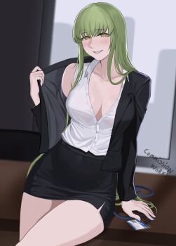 1girl black_jacket black_skirt blurry blurry_background blush breasts business_suit c.c. code_geass collarbone commentary english_commentary feet_out_of_frame formal_clothes grey_hair highres jacket lips long_hair long_sleeves looking_at_viewer medium_breasts office office_lady open_clothes open_jacket open_mouth parted_lips pencil_skirt seilindekos shirt sidelocks simple_background sitting sitting_on_table skirt smile solo suit table thighs white_shirt window yellow_eyes