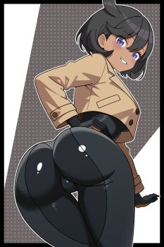 1girl absurdres ass black_bodysuit black_border black_gloves black_hair bodysuit border brown_coat coat commentary_request commission cowboy_shot dark-skinned_female dark_skin emma_(pokemon) from_behind gloves hand_on_own_hip highres long_sleeves looking_at_viewer nintendo odorukaminoke outline outside_border pixiv_commission pokemon pokemon_legends:_z-a purple_eyes short_hair smile solo white_outline