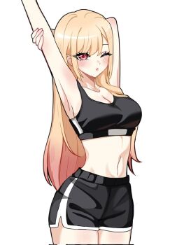 1girl armpits arms_up black_shorts blonde_hair breasts commentary cowboy_shot english_commentary kitagawa_marin long_hair medium_breasts midriff miovartz navel one_eye_closed red_eyes shorts simple_background solo sono_bisque_doll_wa_koi_wo_suru sports_bra stretching