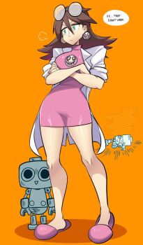 1girl brown_hair coat commentary crossed_arms dress earrings english_commentary english_text eyewear_on_head full_body green_eyes hair_between_eyes jewelry long_hair mega_man_(series) mega_man_legends_(series) missandydandy pink_dress servbot_(mega_man) skull_earrings speech_bubble sweat tron_bonne_(mega_man) white_coat