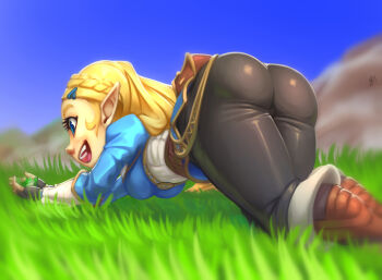 1girl ass blue_eyes boots elf female_focus huge_ass nintendo pantyhose pointy_ears princess_zelda shine smile solo tagme the_legend_of_zelda the_legend_of_zelda:_breath_of_the_wild thick_thighs thighs wide_hips