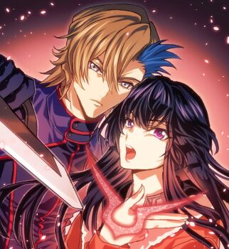 1boy 1girl ash_phoenix black_hair blonde_hair blunt_bangs close-up closed_mouth code_geass code_geass:_dakkan_no_roze commentary_request couple geass gloves grey_eyes hair_between_eyes hand_up holding holding_weapon hood hood_down jacket leaning_on_person leaning_to_the_side long_hair long_sleeves looking_at_viewer looking_to_the_side multicolored_background multicolored_hair open_mouth purple_eyes red_background short_hair soubi1022 standing streaked_hair sumeragi_sakuya teeth upper_teeth_only weapon