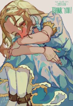 1girl blonde_hair blue_choker blue_dress braid brown_shoes choker closed_mouth commentary_request commission crown_braid doll_joints dress expressionless feet_out_of_frame grey_background highres hugging_own_legs joints leaning_forward long_hair looking_at_viewer original pantyhose puffy_short_sleeves puffy_sleeves red_eyes shinjitsu_no_kuchi shoes short_sleeves simple_background skeb_commission solo white_pantyhose