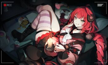 1girl asymmetrical_legwear bada_bam black_boots black_sailor_collar black_skirt boots bow braid candle cardigan clenched_teeth commentary food green_eyes grin hair_bow hair_ornament highres knee_boots long_hair long_sleeves looking_at_viewer loose_thighhigh low_twin_braids low_twintails pink_cardigan red_hair sailor_collar sitting skirt smile sphere_hair_ornament striped_clothes striped_thighhighs teeth thigh_strap thighhighs twin_braids twintails ukinami_yuzuha uneven_legwear very_long_hair white_bow zenless_zone_zero