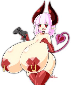 1girl areola_slip ayazumi_flutter breasts controller cross cross_pasties demon_girl demon_horns demon_tail elbow_gloves female_focus game_controller gigantic_breasts gloves holding holding_controller horns looking_at_viewer open_mouth original pasties pink_hair playstation_controller pointy_ears red_eyes red_gloves red_thighhighs shiny_skin short_hair skindentation solo standing tail tail_raised thick_thighs thighhighs thighs white_background wide_hips