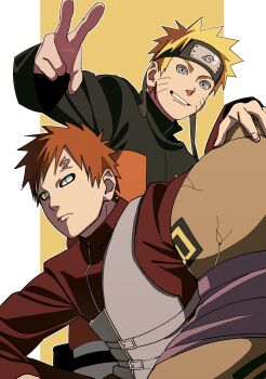 Rule 34 | 2boys, absurdres, black jacket, blonde hair, blue eyes, facial mark, forehead protector, gaara (naruto), gourd, highres, jacket, konohagakure symbol, long sleeves, looking at viewer, male focus, multiple boys, naruto (series), naruto shippuuden, outline, pnpk 1013, red eyes, red shirt, shirt, short hair, smile, uzumaki naruto, v, whisker markings, white outline