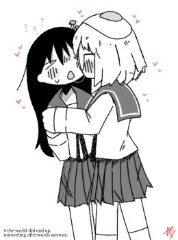 &gt;_&lt; 2girls absurdres ashenov blush egg_hair_ornament food-themed_hair_ornament glasses greyscale hair_ornament hand_on_another&#039;s_shoulder heart highres long_hair monochrome multiple_girls mushroom_on_head open_mouth pleated_skirt saliva saliva_trail school_uniform serafuku shimeji_simulation short_hair skirt spot_color tsukishima_shijima yamashita_majime yuri