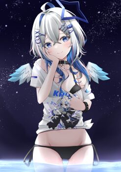 1girl absurdres amane_kanata angel_wings aqua_wings bare_shoulders bikini bikini_under_clothes black_bikini black_choker blue_hair blue_halo bob_cut breasts choker closed_mouth clothes_pull collarbone colored_inner_hair commentary_request feathered_wings gradient_wings hair_between_eyes hair_ornament halo hand_on_own_cheek hand_on_own_face highres hololive kamesys light_blush midriff mini_wings multicolored_hair multicolored_wings pink_hair shirt shirt_pull short_hair side-tie_bikini_bottom single_hair_intake sky small_breasts smile solo star_(sky) star_halo starry_sky swimsuit swimsuit_under_clothes t-shirt upao_(amane_kanata) virtual_youtuber white_hair white_shirt white_wings wings