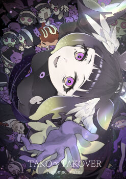 ^_^ absurdres alternate_costume arms_up black_dress black_hair black_jacket blonde_hair blunt_bangs breasts character_name chocosong closed_eyes coif commentary dress drooling fang feathered_wings food from_above gloves gradient_hair head_wings highres hololive hololive_english jacket mole mole_under_eye mouth_drool multicolored_hair necktie ninomae_ina'nis nun open_mouth purple_eyes purple_gloves reaching reaching_towards_viewer red_necktie ringed_eyes sidelocks small_breasts smile suit_jacket tako_takover_(ninomae_ina'nis) takodachi_(ninomae_ina'nis) takoyaki tentacle_hair two-tone_hair virtual_youtuber white_wings wings yagoo yellow_pupils