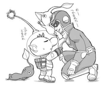 2boys annoyed armored_boots backpack bag belt bodysuit boots bracer captain_falcon clothes_grab collared_bodysuit commentary_request creature_on_head f-zero face-to-face from_side furrowed_brow gloves greyscale hand_on_own_head height_difference helm helmet high_collar knee_pads kneeling leaf looking_at_another lying male_focus monochrome multiple_boys naru_(wish_field) neckwear_grab nintendo no_mouth olimar on_side open_mouth parted_lips patch pikmin_(creature) pikmin_(series) pointy_ears pointy_nose radio_antenna red_pikmin scarf scarf_grab shadow short_hair simple_background smile space_helmet spacesuit standing super_smash_bros. sweatdrop teeth translation_request very_short_hair white_background yellow_pikmin