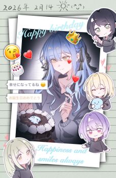 Rule 34 | 5girls, :3, absurdres, ave mujica (bang dream!), bang dream!, bang dream! it's mygo!!!!!, birthday cake, black hair, black ribbon, blonde hair, blue hair, braid, cake, character doll, closed eyes, closed mouth, commentary, doll, fake photograph, food, fork, green eyes, grey hoodie, hair ornament, hair ribbon, hairclip, happy birthday, hashtag-only commentary, heart, highres, holding, holding fork, hood, hood down, hoodie, long hair, long sleeves, medium hair, misumi uika, multiple girls, party popper, pink eyes, purple hair, ribbon, short hair, sidelocks, stuffed animal, stuffed octopus, stuffed toy, sukiveibae, togawa sakiko, translation request, untranslatable commentary, wakaba mutsumi, yahata umiri, yellow eyes, yuutenji nyamu