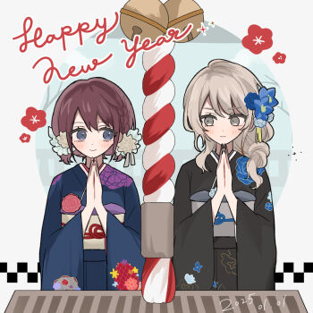 Rule 34 | 2girls, black kimono, blue eyes, blue kimono, braid, brown hair, commentary, dated, flower, girls band cry, grey hair, grey sash, hair flower, hair ornament, hamchan69, happy new year, highres, iseri nina, japanese clothes, kawaragi momoka, kimono, long hair, multicolored hair, multiple girls, new year, obi, praying, roots (hair), sash, short hair