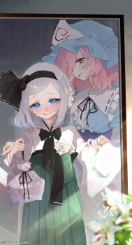 2girls absurdres alternate_costume alternate_hairstyle asaka_haru123 black_bow black_bowtie blue_eyes blue_kimono blush bow bowtie braid closed_mouth commentary_request frills hairband hat highres japanese_clothes kimono konpaku_youmu long_sleeves looking_at_another looking_at_mirror looking_at_viewer medium_hair mirror mob_cap multiple_girls parted_lips pink_eyes pink_hair saigyouji_yuyuko side_braid smile swept_bangs touhou triangular_headpiece twitter_username white_hair yukata
