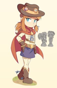 3girls a_hat_in_time alternate_costume badge belt belt_buckle boots bow_kid brown_belt brown_boots brown_gloves brown_hair brown_hat buckle button_badge cape child commentary cowboy_boots cowboy_hat cowgirl_(western) english_commentary gloves hat hat_kid hat_ribbon highres holding holding_umbrella long_hair long_sleeves multiple_girls mustache_girl ponytail red_cape ribbon sidelocks star_(symbol) umbrella yellow_ribbon yohocutie zipper_pull_tab