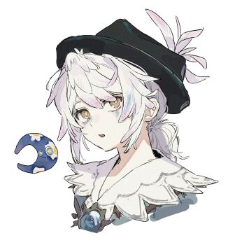 1boy :o ? absurdres black_hat blue_facepaint blue_gem blue_shirt crescent cropped_torso edgar_valden facepaint feather_hair feathers frilled_shirt_collar frills gem hair_between_eyes hat hat_feather highres identity_v looking_to_the_side male_focus medium_hair official_alternate_costume open_mouth ponytail portrait shirt simple_background sinzourrrrr solo unfinished white_background white_feathers white_hair yellow_eyes