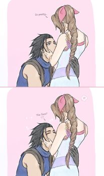 1boy 1girl aerith_gainsborough anna_m bare_shoulders black_gloves black_hair blue_eyes blue_sweater blush braid braided_ponytail brown_hair commentary couple crisis_core_final_fantasy_vii dress dress_flower english_commentary english_text final_fantasy final_fantasy_vii flower gloves hair_ribbon hair_slicked_back hand_on_another&#039;s_back hand_on_another&#039;s_cheek hand_on_another&#039;s_face heart hetero highres light_blush long_hair looking_at_another looking_up omake pink_background pink_ribbon ponytail ribbed_sweater ribbon short_hair simple_background sitting sleeveless sleeveless_dress sleeveless_turtleneck sparkle spiked_hair spoken_squiggle squiggle standing suspenders sweater turtleneck turtleneck_sweater upper_body zack_fair