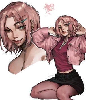 1girl alternate_costume artist_name belt black_belt black_skirt breasts cropped_jacket earrings green_eyes hair_ornament hairclip haruno_sakura highres jacket jewelry medium_breasts midriff miniskirt multiple_views nail_polish naruto_(series) pantyhose parted_bangs parted_lips pink_hair pink_jacket pink_nails pink_pantyhose purple_shirt shirt skirt smile solo squiggle upper_body virtuno white_background