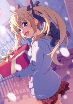 1girl :3 :d ^_^ absurdres ahoge birthday black_cat blonde_hair blue_eyes blush box cat christmas closed_eyes commentary cowboy_shot day dutch_angle english_commentary fang film_grain floating_hair from_side gift gift_box grisaia_(series) grisaia_no_kajitsu hair_between_eyes hands_up happy happy_birthday highres holding holding_gift hood hood_down hooded_jacket jacket long_hair long_sleeves looking_at_viewer matsushima_michiru miniskirt nyanmel open_mouth outdoors plaid_clothes plaid_skirt red_skirt sidelighting skin_fang skirt smile snowing solo tea_ramisu thick_eyebrows twintails white_jacket winter