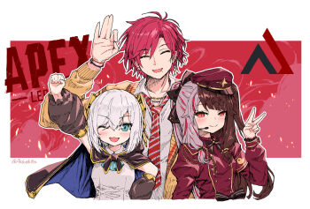 1boy 2girls apex_legends aqua_ascot arm_up ars_almal ars_almal_(1st_costume) ascot black_cape black_cloak black_hair blue_ascot blue_eyes blush bow brown_hat cape cloak collared_shirt dress earrings everyone gold_trim grey_hair ha_yun hair_between_eyes hair_bow hair_ornament hat highres hood hood_down hooded_cape hooded_cloak jacket jewelry long_hair long_sleeves looking_at_viewer military_uniform mole mole_under_mouth multicolored_hair multiple_girls necktie nijisanji nijisanji_kr one_eye_closed open_mouth peaked_cap red_eyes red_hair red_necktie school_uniform see-through_clothes see-through_sleeves shirt short_hair sleeveless smile split-color_hair streaked_hair tatami_kami two-tone_hair v virtual_youtuber white_hair white_shirt yorumi_rena yorumi_rena_(2nd_costume)