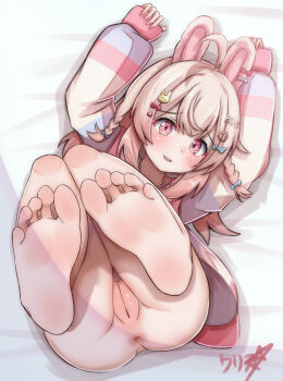 1girl absurdres ahoge animal_ears anus barefoot blush boppin bottomless braid cleft_of_venus commentary feet foot_focus hair_ornament heart heart_hair_ornament highres jacket legs_up loli long_hair long_sleeves looking_at_viewer lying on_back on_bed open_mouth pajamas phase_connect pink_eyes pink_hair pink_jacket pink_pajamas pipkin_pippa pipkin_pippa_(1st_costume) pussy rabbit_ears rabbit_girl rabbit_hair_ornament sidelocks sleeves_past_wrists smile soles solo toes uncensored virtual_youtuber