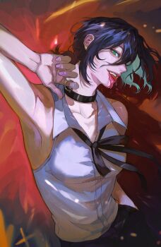 1girl black_choker black_hair black_ribbon blood blood_from_mouth breasts chainsaw_man choker collared_shirt green_eyes grenade_pin grey_shirt hair_bun highres hxgn_909 neck_ribbon reze_(chainsaw_man) ribbon shirt shirt_tucked_in small_breasts solo tongue tongue_out