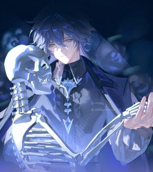 1boy arm_up black_coat blue_gemstone blue_hair closed_mouth coat collared_shirt crossed_bangs double-parted_bangs empty_eyes flins_(genshin_impact) frilled_sleeves frills gem genshin_impact grey_shirt hair_between_eyes hashtag-only_commentary highres holding holding_hands lapels long_sleeves male_focus neglow notched_lapels shirt skeleton smile solo twitter_username wing_collar yellow_eyes