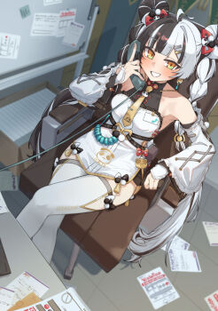 Rule 34 | 1girl, ahoge, animal print, bare shoulders, bear print, black hair, blush, braid, braided twintails, chair, character name, china dress, chinese clothes, collarbone, commentary request, corded phone, crossed legs, dialyn (zenless zone zero), dress, earrings, grin, gukr4322, hair extensions, hair ornament, hairclip, hand up, highres, holding, holding phone, id card, indoors, jewelry, long hair, looking at viewer, multicolored hair, necktie, on chair, panda hair ornament, panda print, paper, parted lips, phone, ring hair extensions, sitting, smile, solo, split-color hair, thighhighs, white hair, white thighhighs, yellow eyes, yellow necktie, zenless zone zero