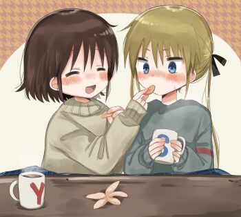 2girls blonde_hair blush brown_hair cup feeding food fruit hair_ribbon hanabi_(yuruneko0624) highres kill_me_baby kotatsu long_hair mandarin_orange mug multiple_girls open_mouth oribe_yasuna ribbon sonya_(kill_me_baby) sweater table twintails