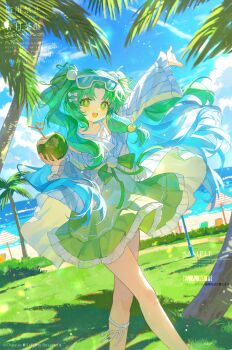 1girl :d absurdres arm_up beach blue_sky cloud coconut_cup day feet_out_of_frame frilled_skirt frilled_sleeves frills green_hair green_skirt highres holding long_hair long_sleeves looking_at_viewer open_mouth original outdoors parted_bangs sample_watermark shirt skirt sky smile solo standing watermark white_shirt wide_sleeves yellow_pupils yi_kuai_cha_suyou