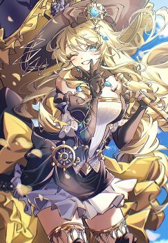 Rule 34 | 1girl, bare shoulders, black boots, black dress, black hat, black sleeves, blonde hair, blue eyes, blue gem, blush, boots, breasts, cleavage, cloud, commentary request, cowboy shot, detached sleeves, dress, gem, genshin impact, gloves, hair between eyes, hair ornament, hat, highres, holding, holding umbrella, jewelry, long hair, looking at viewer, mkr aknk714, navia (genshin impact), one eye closed, short dress, single glove, sky, smile, solo, standing, thigh boots, thighhighs, twitter username, umbrella, very long hair, yellow umbrella, zettai ryouiki