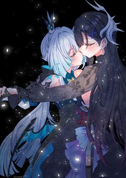 2girls artist_name bare_shoulders black_background black_bow black_dress black_gloves black_hair black_shrug black_thighhighs blue_dress blue_fire blue_hair blunt_bangs blush bow braid breasts cerydra_(honkai:_star_rail) closed_eyes closed_mouth collared_dress commentary_request crown dress earclip earrings fire gloves gradient_hair hair_between_eyes hair_bow hair_ornament hand_up headpiece highres holding_hands honkai:_star_rail honkai_(series) hysilens_(honkai:_star_rail) jewelry kiss kosame_0229 long_hair long_sleeves low_ponytail low_wings medium_breasts mini_crown multicolored_hair multiple_girls necklace pearl_earrings pearl_necklace petals ponytail puffy_long_sleeves puffy_sleeves purple_hair shrug_(clothing) sidelocks simple_background sleeveless sleeveless_dress standing thighhighs white_hair wings x_hair_ornament yuri