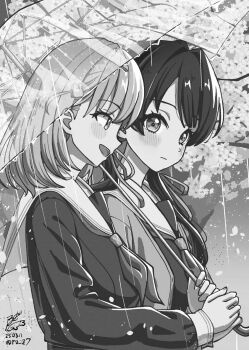 2girls blush cardigan cherry_blossoms closed_mouth collared_shirt commentary_request dated dress dress_shirt expressionless falling_petals greyscale hair_ornament hair_ribbon highres hinoshita_kaho holding holding_umbrella link!_like!_love_live! long_sleeves love_live! low_twintails monochrome multiple_girls murano_sayaka neckerchief open_cardigan open_clothes open_mouth petals profile rabbit_hair_ornament rain ribbon roze_(ro_z7) sailor_collar shared_umbrella shirt signature twintails twitter_username two_side_up umbrella virtual_youtuber