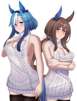 2girls admire_groove_(umamusume) admire_vega_(umamusume) animal_ears arms_under_breasts bakkasu150 black_thighhighs blue_bow blue_hair blush bow breasts brown_hair clothing_cutout commentary_request cowboy_shot ear_bow ear_covers grey_sweater heart_cutout highres horse_ears horse_girl horse_tail large_breasts long_hair looking_at_viewer low_ponytail mole mole_under_mouth multicolored_hair multiple_girls ponytail purple_eyes red_eyes ribbed_sweater short_hair_with_long_locks sideboob sideless_outfit sideless_sweater sidelocks simple_background single_ear_cover skindentation sleeveless sleeveless_sweater streaked_hair sweater tail thighhighs thighs turtleneck turtleneck_sweater umamusume virgin_killer_sweater white_background white_streaks