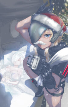 2girls absurdres ankle_boots arm_up arm_warmers black_boots black_cloak black_gloves black_shirt black_shorts blonde_hair blue_eyes boots breasts broken_mask camisole character_doll christmas christmas_tree cinderella_(nikke) cleavage climbing cloak closed_eyes closed_mouth commander_(nikke) commentary_request cropped_shirt doll fake_facial_hair fake_mustache gloves goddess_of_victory:_nikke grave_(nikke) hair_between_eyes hair_over_one_eye hat highres holding holding_sack hood hood_down hooded_cloak large_breasts likered7410 long_hair looking_at_viewer loungewear mask metal_gloves midriff multiple_girls on_bed outdoors parted_lips revision sack santa_hat shirt shorts sidelocks single_arm_warmer sleeping snow snowing thigh_strap very_long_hair white_camisole white_hair