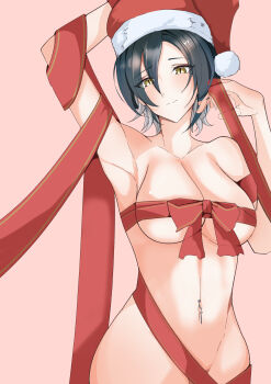 1girl absurdres arm_behind_head azur_lane black_hair blue_eyes blush breasts cleavage commentary_request completely_nude gear0710 groin hair_between_eyes hand_up hat highres medium_breasts medium_hair multicolored_hair naked_ribbon navel navel_piercing nude piercing red_ribbon ribbon santa_hat slit_pupils solo two-tone_hair ulrich_von_hutten_(azur_lane) underboob white_hair yellow_eyes