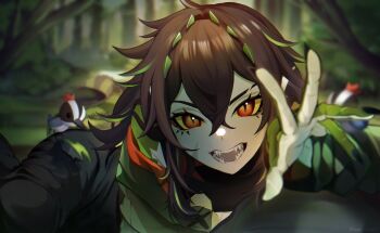 1girl animal animal_on_shoulder bird bird_on_shoulder black_jacket black_nails brown_hair bunni_stardust colored_sclera crocodile_girl fangs green_scales green_streaks highres indie_virtual_youtuber jacket kairyu_crocodile long_hair looking_at_viewer open_mouth outdoors pointy_ears red_eyes smile solo virtual_youtuber wetland yellow_sclera
