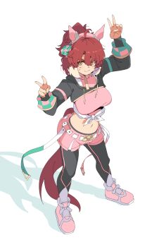 1girl absurdres ahoge animal_ears archives.gokulism black_leggings black_shrug blush bow breasts brown_eyes brown_hair checkered_ribbon closed_mouth commentary_request dantsu_flame_(center_spotlight)_(umamusume) dantsu_flame_(umamusume) double_v ear_covers ear_ornament ear_ribbon full_body hair_between_eyes hairband highres horse_ears horse_girl horse_tail large_breasts leggings leggings_under_shorts midriff multicolored_hair navel pink_hairband pink_shirt pink_shorts shirt shoes shorts shrug_(clothing) smile solo tail tied_shirt umamusume v white_hair white_shirt